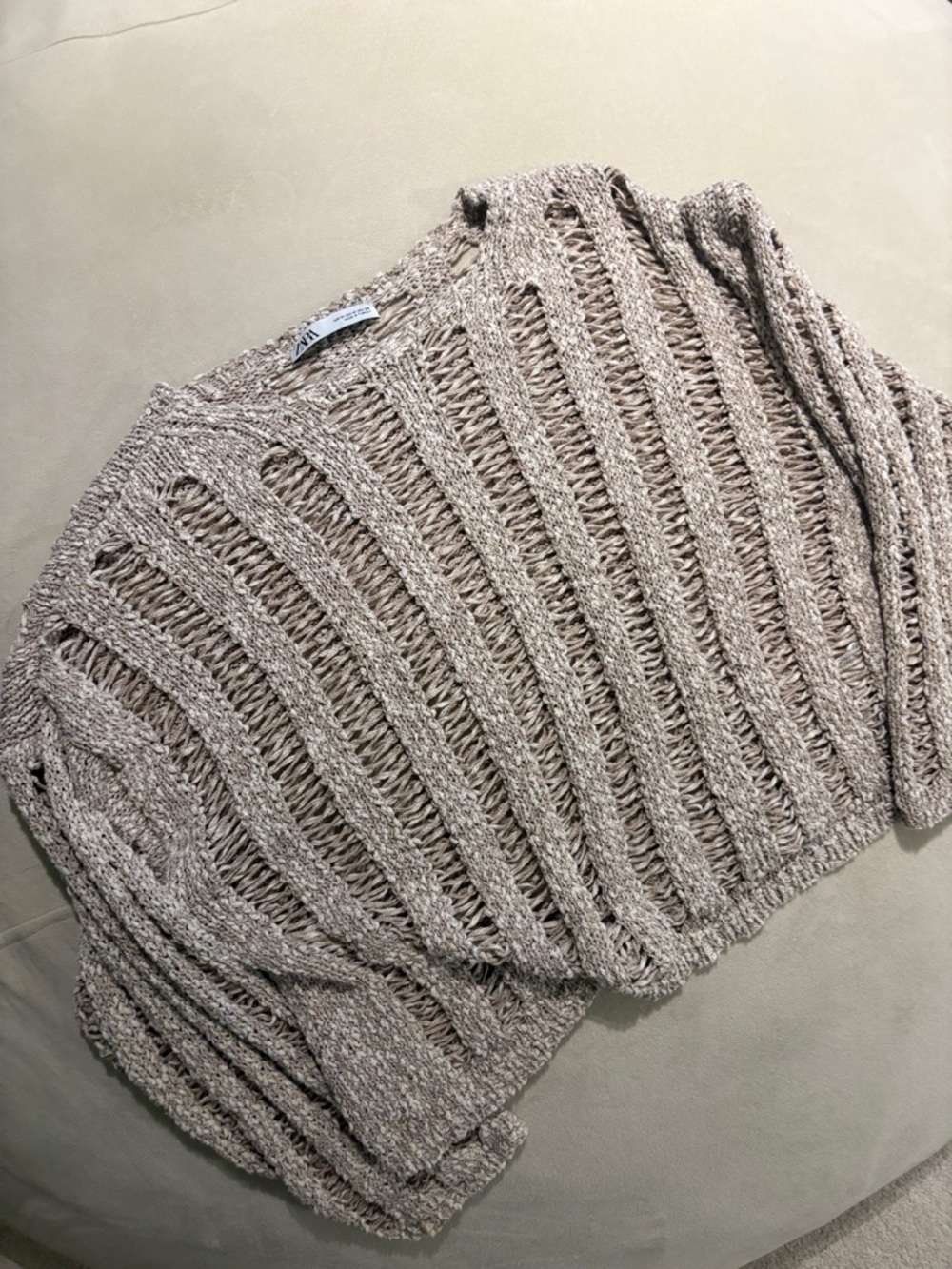 Zara Open-Knit Scoop Neck Sweater in Beige